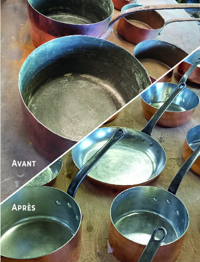 avant-après étamage d'une batterie de cuisine